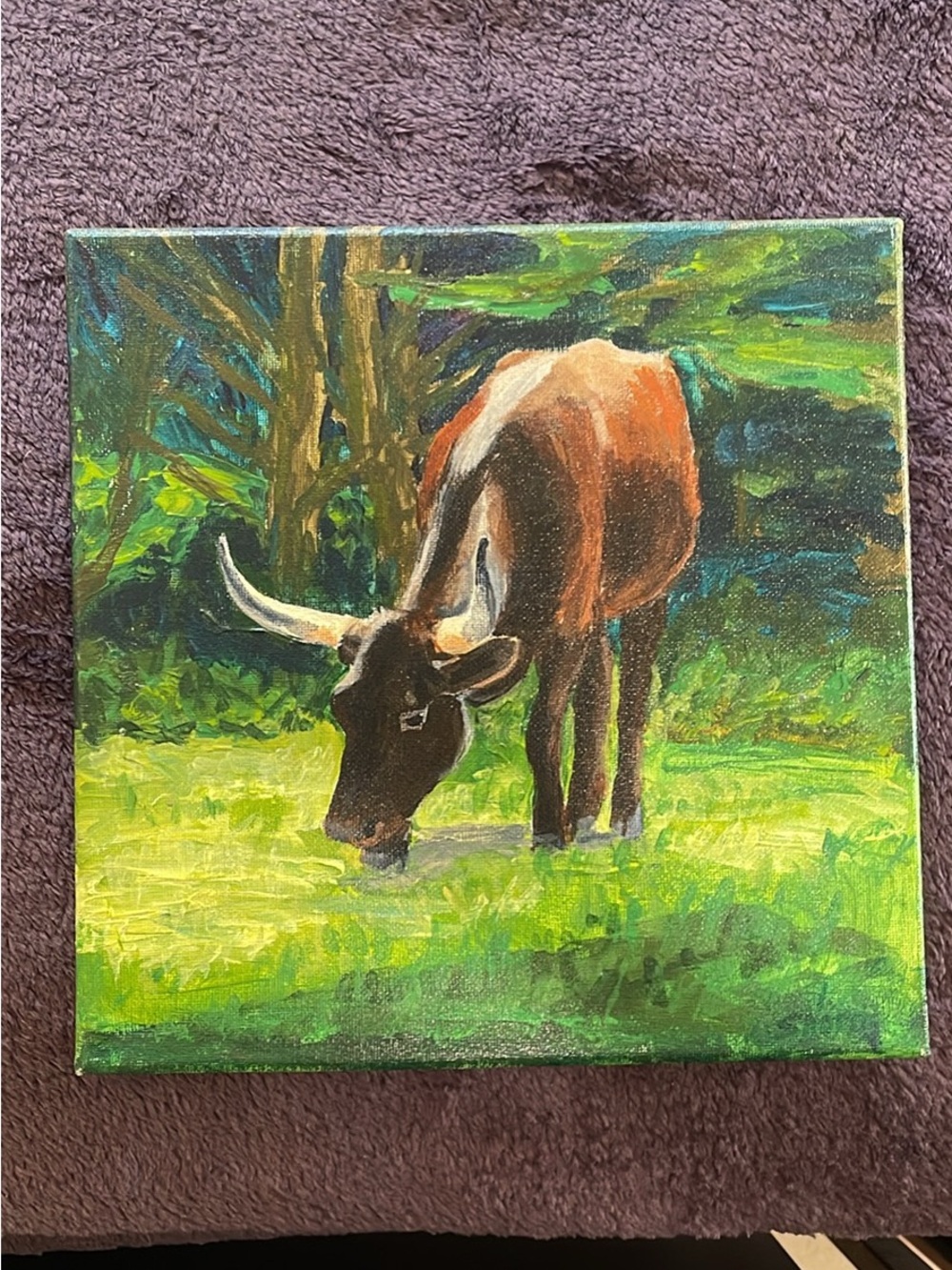 Hand-Painted Cow Canvas Art in Brown and Green